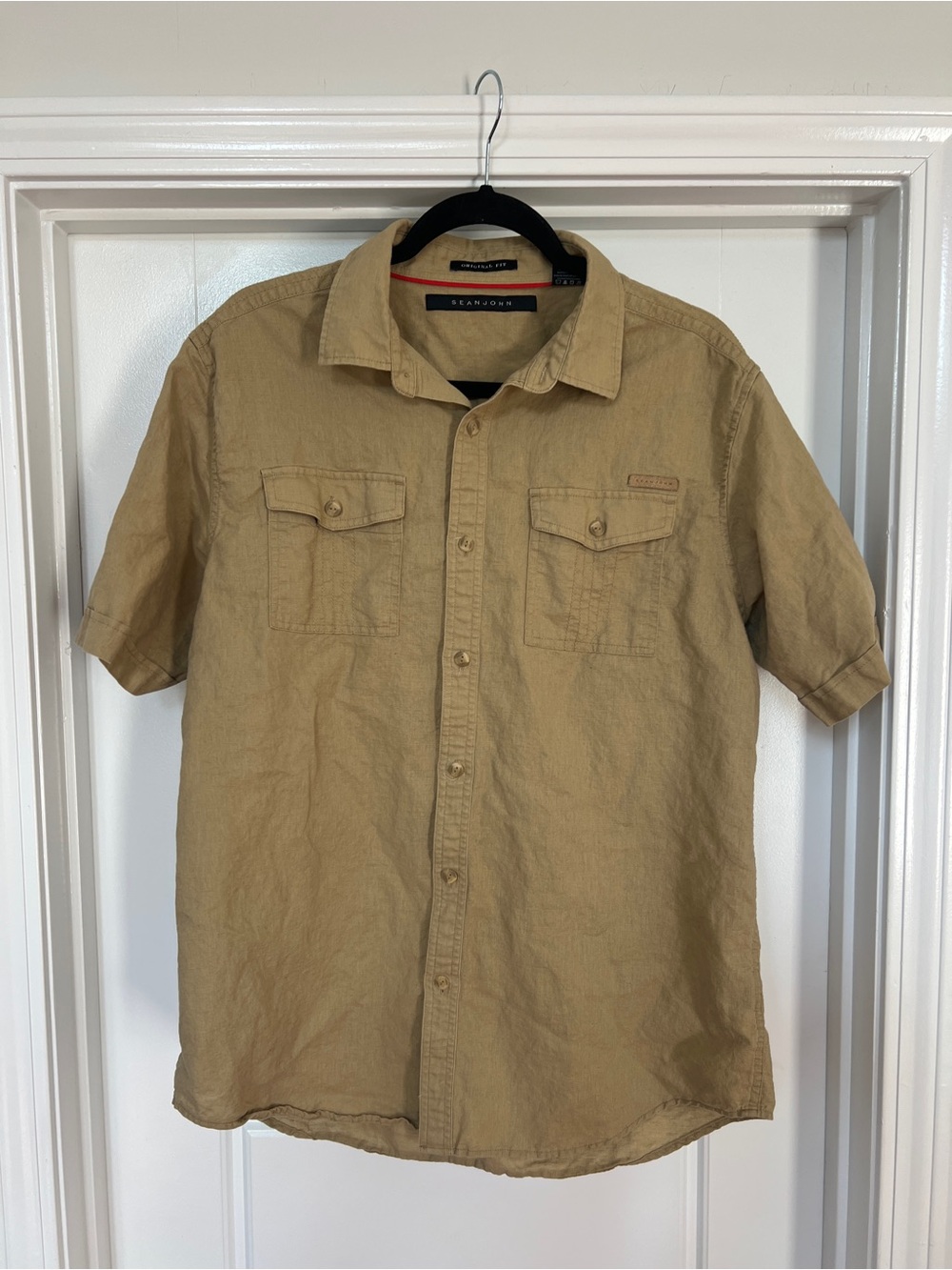 Sean John Short Sleeve Button-Down Shirt in Khaki Linen Blend